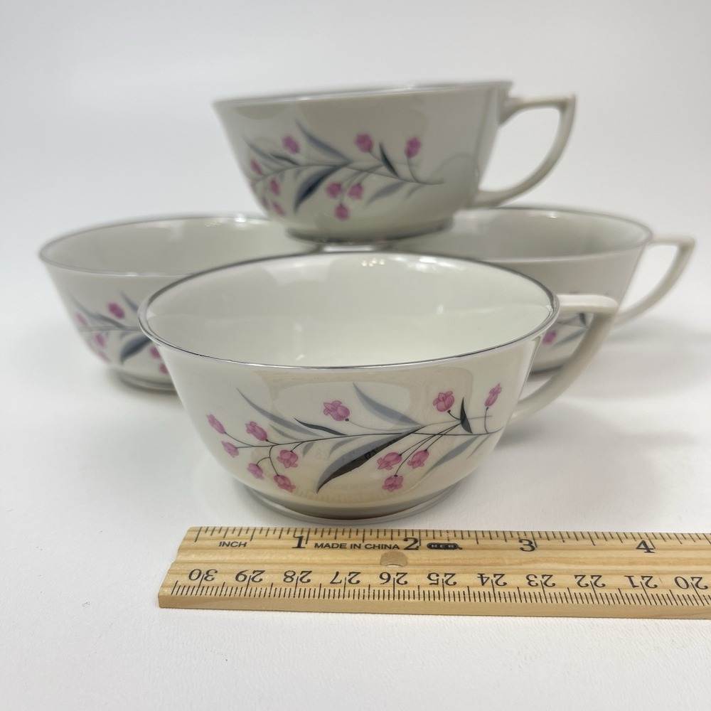 Embassy USA China Tru Tone Footed Tea Cups Pink‎ Flowers Gray Platinum Rim - Picture 2 of 12